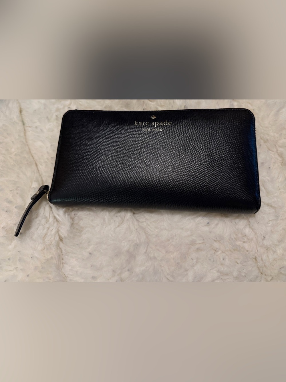 Kate Spade Black Textured Leather Logo Wallet with Gold Accents